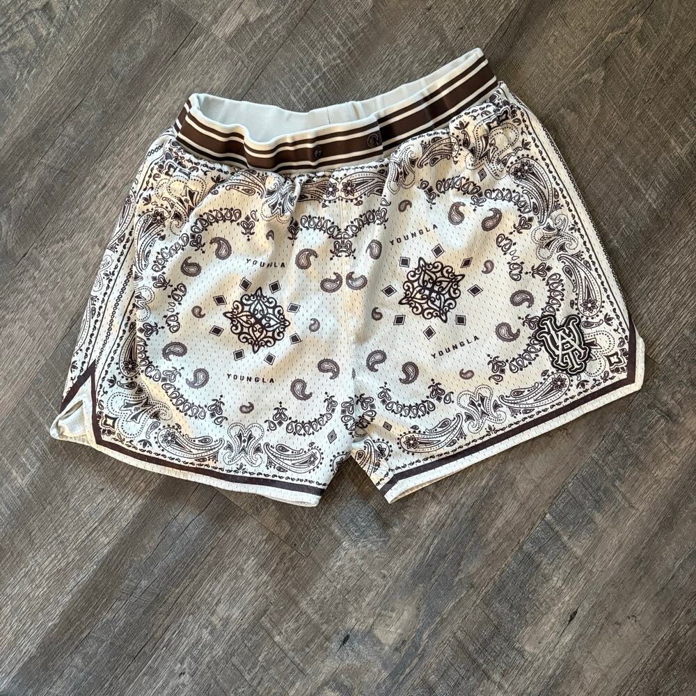 YoungLA 132 Infamous Bandana Mesh Shorts - Cream / Brown - Size L